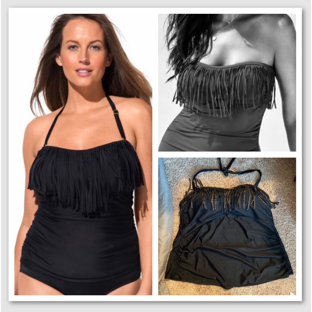 Plus Size 24W Pure Energy Tankini Black Gold Fringe Swimming Halter Top Modest